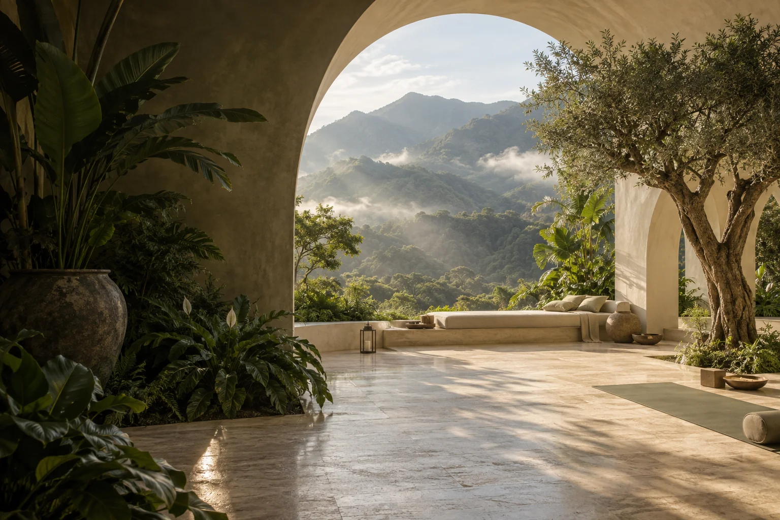 Santuario entre arquitectura natural y montañas verdes, imagen conceptual