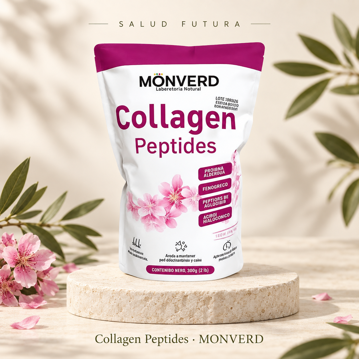 Envase MONVERD Collagen Peptides sobre una base de piedra, con flores rosadas y el nombre Salud Futura.